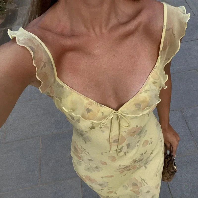 Retro V Neck Dresses Yellow Sleeveless Flower Print  Maxi Long Dress Elegant High Waist Female Holiday Party Vestidos
