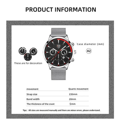 Mens Fashion Sports Watches Men Business Casual Quartz Wrist Watch Luxury Silvery Mesh Belt Watch