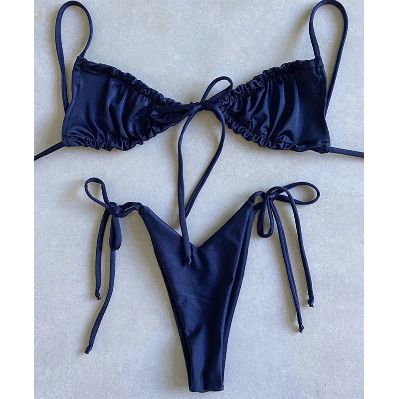 BIQIUYYI Brazilian Sexy Micro Mini Thong Bikini Set Summer Bandage Swimsuit Women Pleated Bathing Suit Beachwear Halter Biqiuni