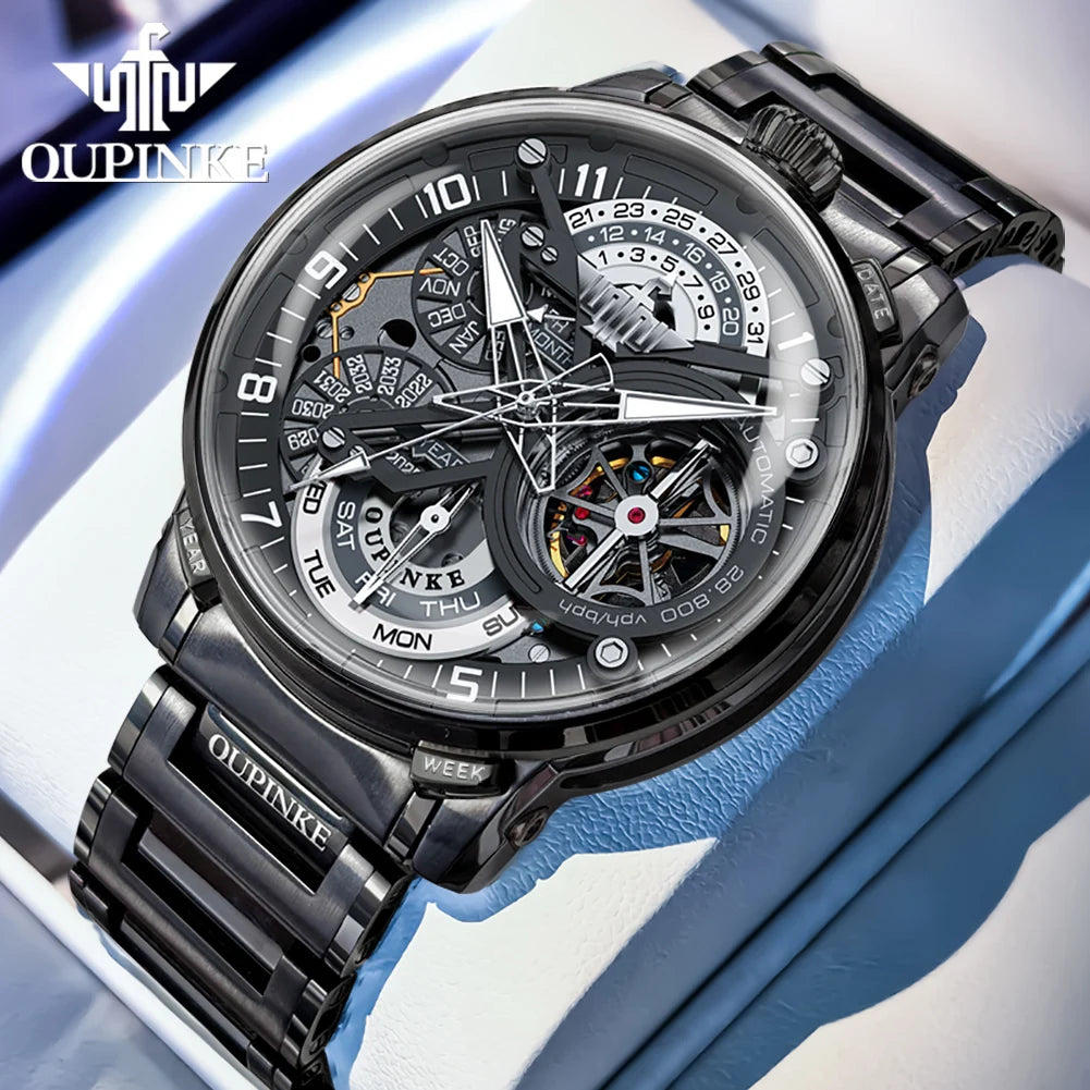OUPINKE Black Steel Tourbillon Mens Wrist Watches Skeleton Automatic Mechanical Watch Fashion Wrist Watch Mens Sapphire