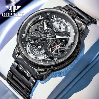 OUPINKE Black Steel Tourbillon Mens Wrist Watches Skeleton Automatic Mechanical Watch Fashion Wrist Watch Mens Sapphire