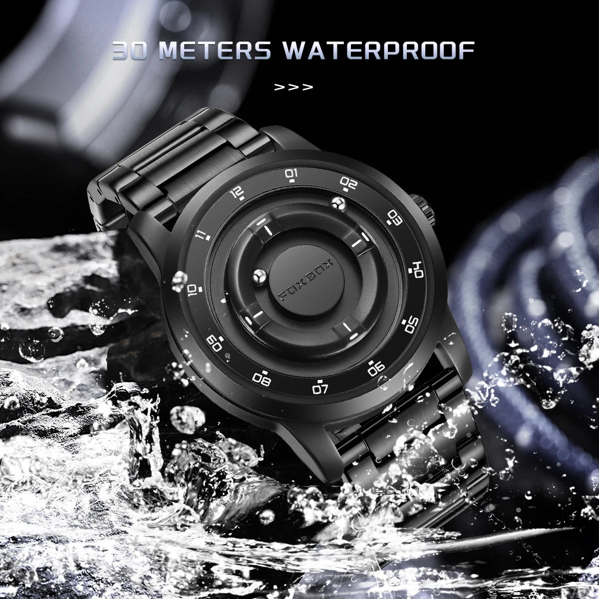 FOXBOX Personalized Mens Watches Creative Simple Floating Magnetic Pointer Quartz Wristwatch Steel Waterproof Watch for Man