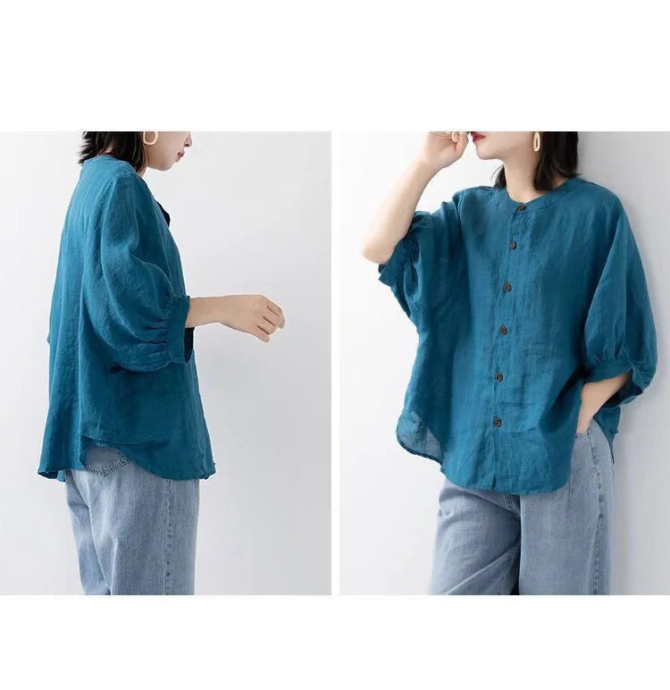 Cotton and linen shirt women's spring and summer thin solid color lantern sleeve stand collar top loose large size shirt