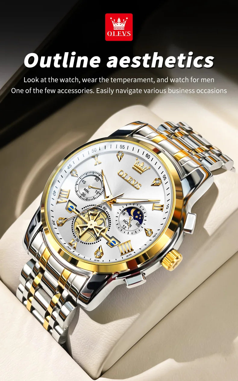 OLEVS 2856 Original Watches Man Multifunctional Chronograph Quartz Watch Waterproof Luminous Moon Phase Watches For Man Reloj