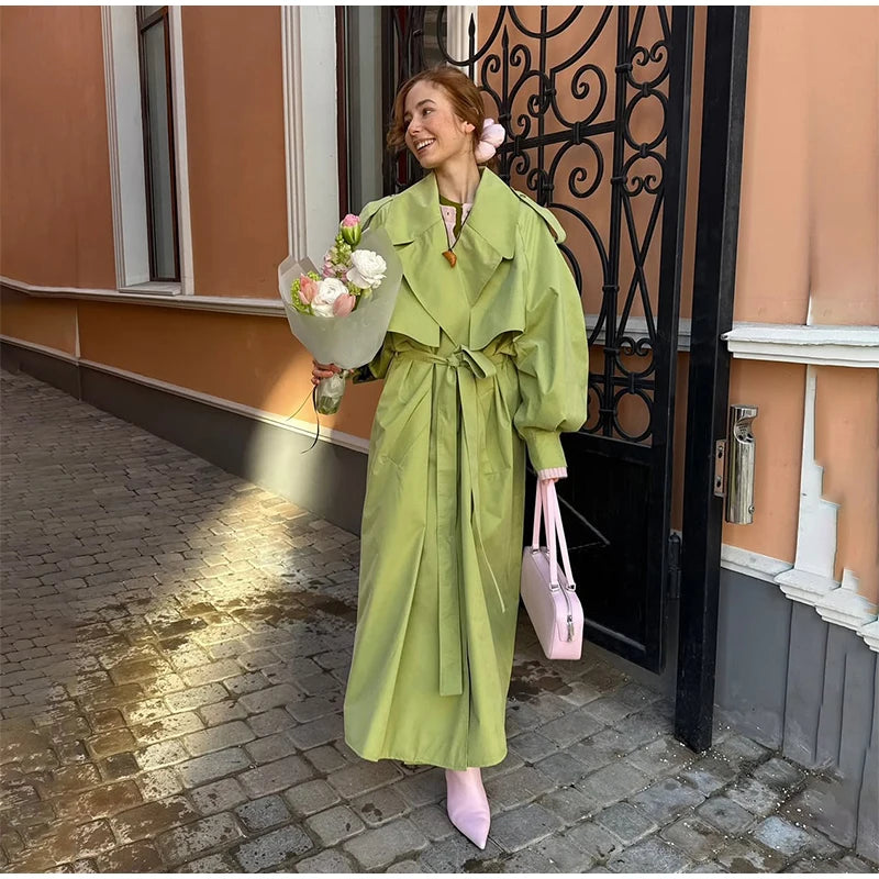 Women Green Lapel Trench Coat Fashion Belted Long Sleeve Loose Outerwear Chic 2025 New Autumn Street Travel Leisure Lady Outwear