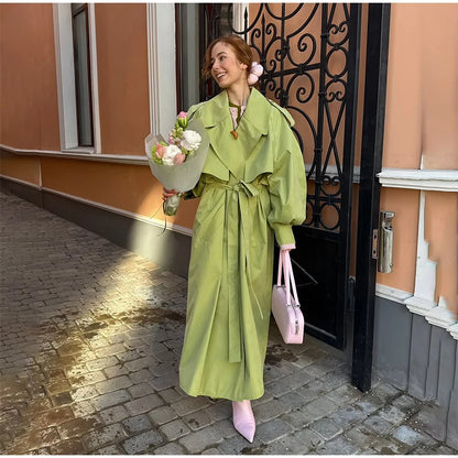 Women Green Lapel Trench Coat Fashion Belted Long Sleeve Loose Outerwear Chic 2025 New Autumn Street Travel Leisure Lady Outwear