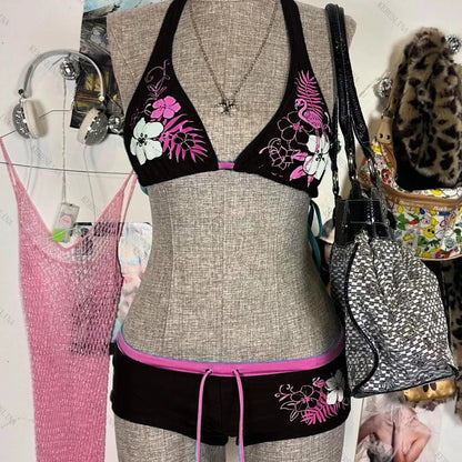 Vintage Flower print Cutie 2 set Bikini 2000s Swimsuit Sexy Women Bathing Fashion Halter Strap Swimwear High Street Beach Female