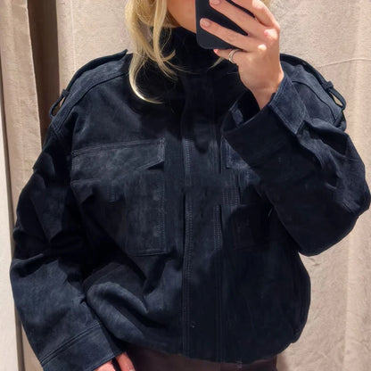 HXAO New Arrival Suede Jacket Women's Jackets Autumn Darkgrey Khaki Bomber Jacket Chic Zip Up Long Sleeve Coat Fashion Outerwear