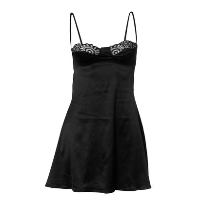 Women's Sexy Lace Patchwork Satin Dress Low-cut Sleeveless Backless Hollow-Out A-line Mini Dresses Sleepwear Y2K Streetwear