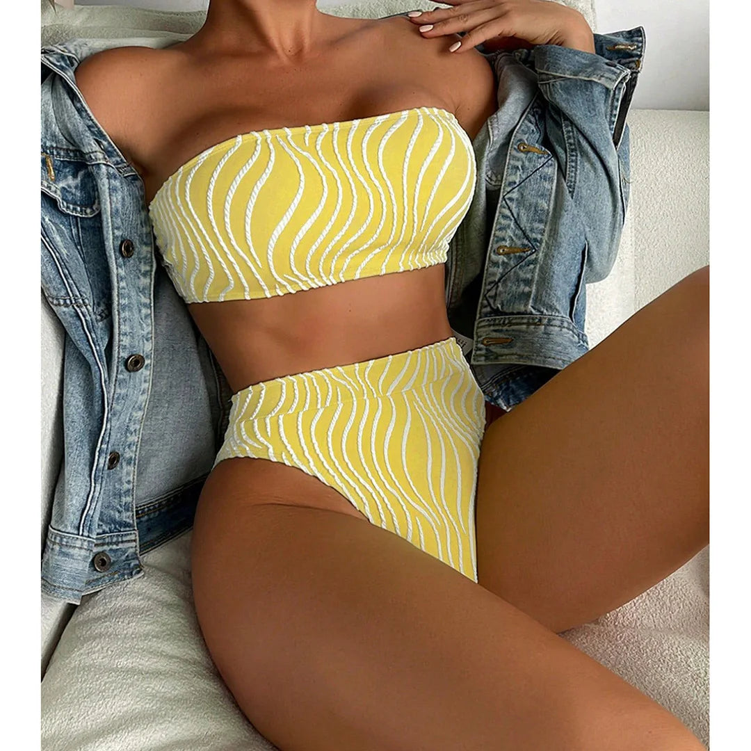 Sexy Wave Striped Bandeau High Waist Bikini Female Swimsuit Women Swimwear Two-pieces Bikini set Bather Bathing Suit Swim K5445