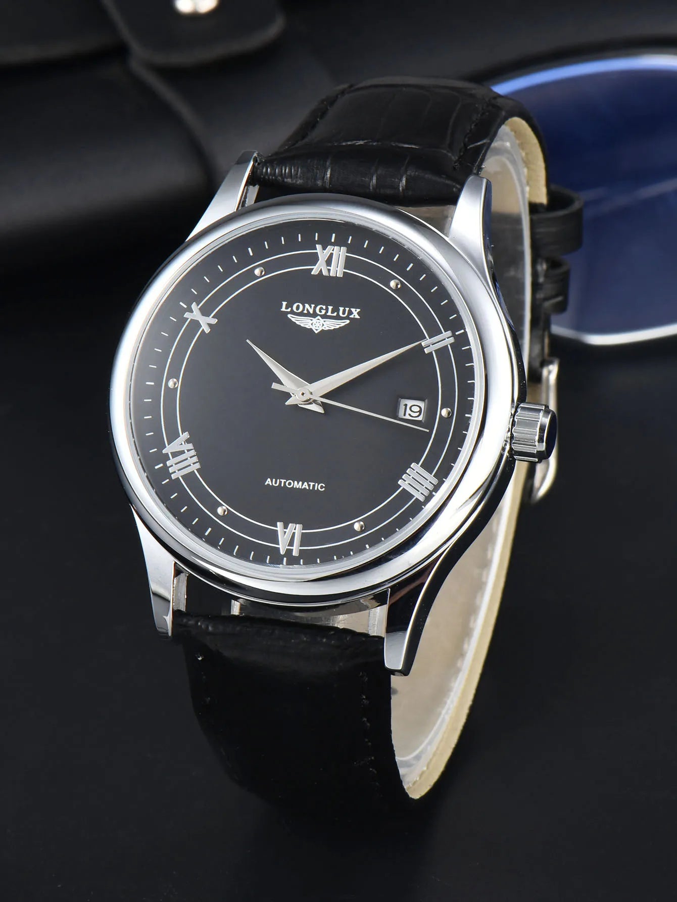 Men automatic watch simple mechanical watches  date waterproof fashion leather gift