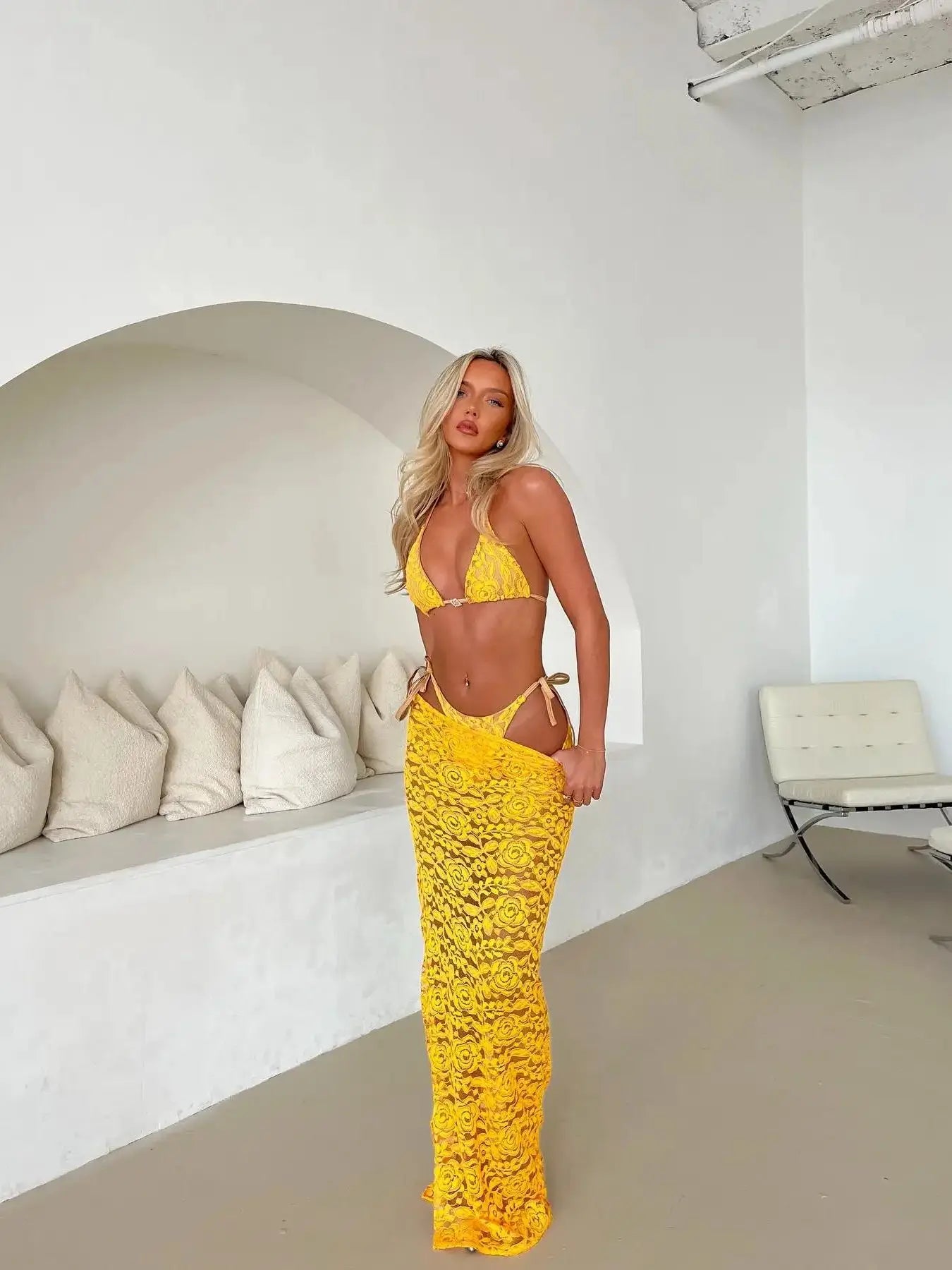 Sexy Lace 3 Pcs Bikini with Skirt Halter Women Lace Bra Swimwear Swimsuit Bathing Suit Beachwear Vacation Casual Female