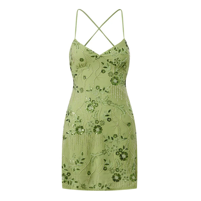 hirigin Sequin Beaded Cami Mini Dress Sexy Front V Neckline Sleeveless Short Dresses for Women Backless Criss Cross Straps Dress