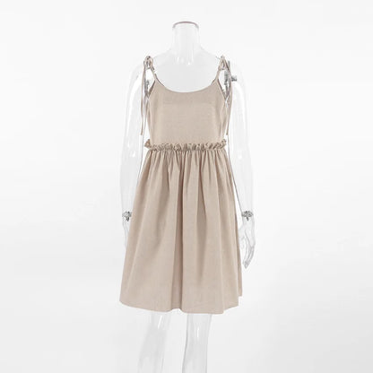 Solid Color Leace-up Spaghetti Strap Dresses Women Fashion Folds A-line Mini Dress Temperament Lady Commuting Short Vestidos New