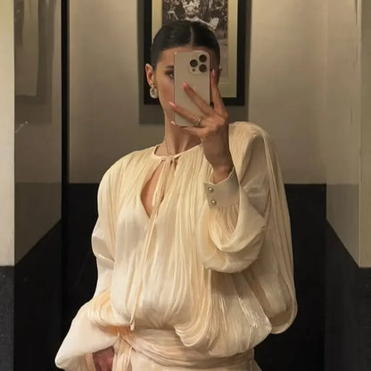 Women Solid O-neck Long Lantern Sleeve Short Dress Fashion Pleated High Waist Lace-up Mini Dresses Summer Vocation Lady Robe