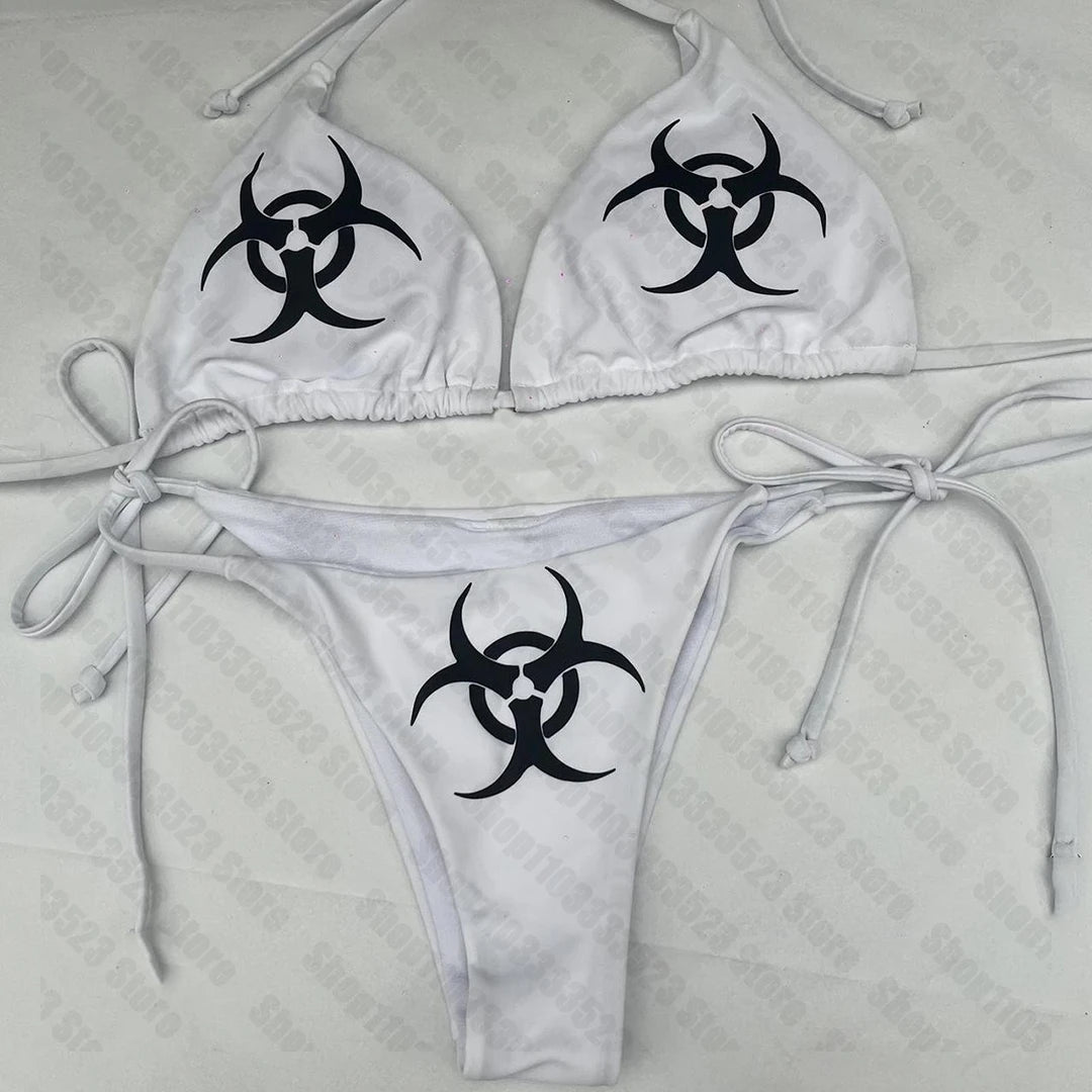 Cool girls Swimwear Women Y2k style Punk Print Bikini Set Sexy Thong Swimsuit Two Pieces Bathing Suit 2000s Gothic Bathing Suit