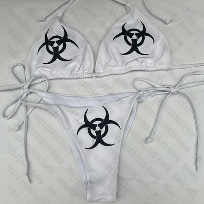 Cool girls Swimwear Women Y2k style Punk Print Bikini Set Sexy Thong Swimsuit Two Pieces Bathing Suit 2000s Gothic Bathing Suit