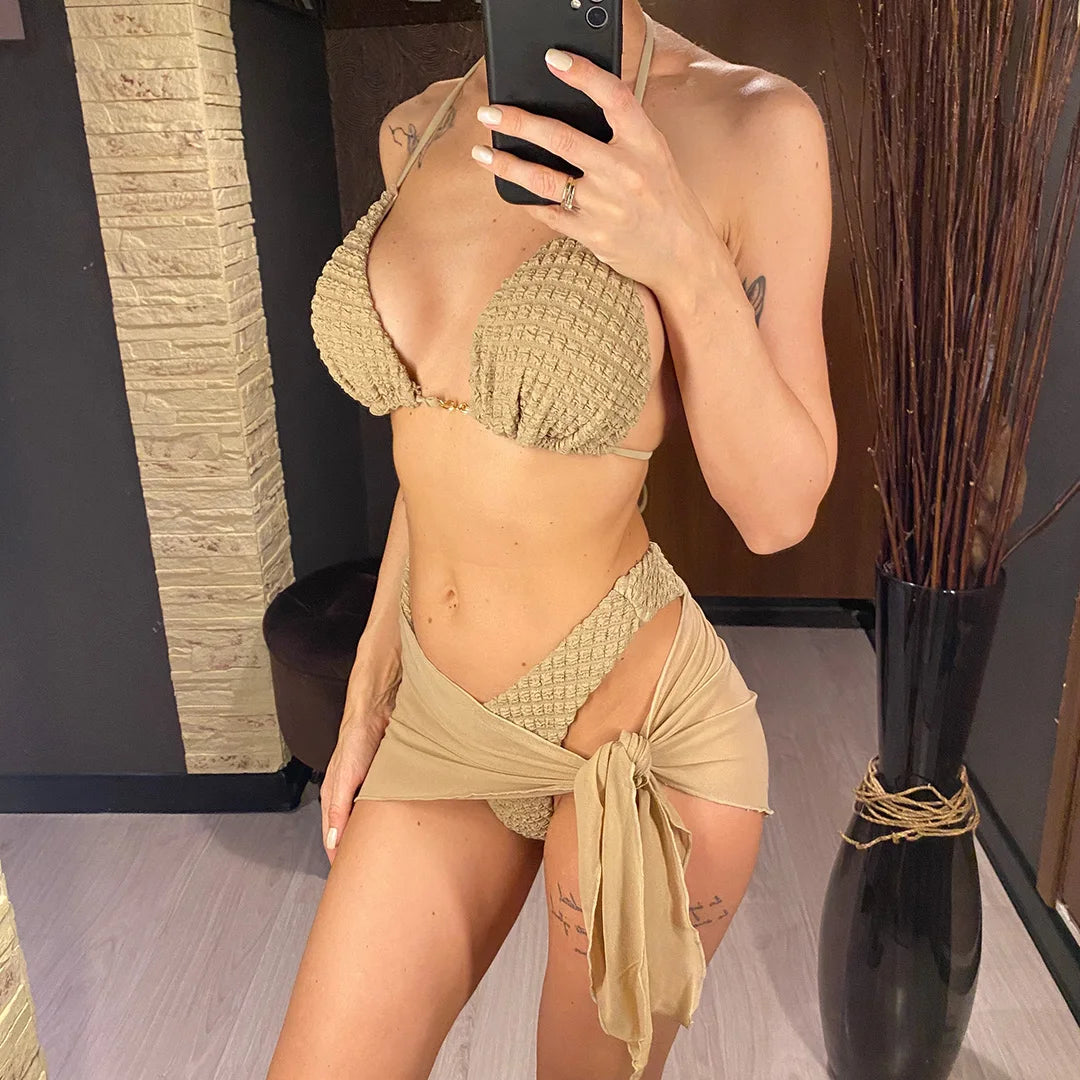 Sexy With Sarong Wrinkled Halter Bikini Female Swimsuit Women Swimwear Three-pieces Bikini set Bather Bathing Suit Swim K5237