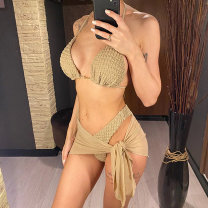 Sexy With Sarong Wrinkled Halter Bikini Female Swimsuit Women Swimwear Three-pieces Bikini set Bather Bathing Suit Swim K5237