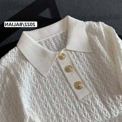 French High end Ice Silk Polo Shirt Women Summer Chic Thin Unique Jacquard Knitted Short Sleeve Loose White T-shirt Women Top