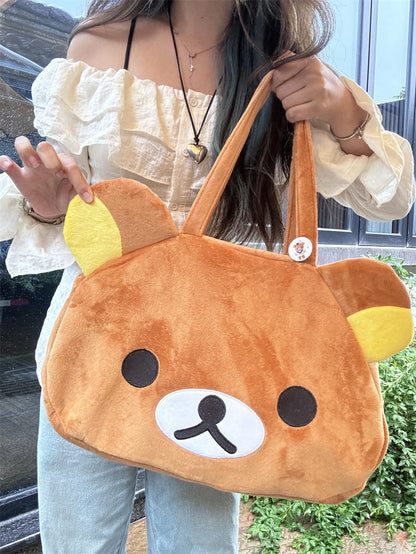 Kawaii Rilakkuma Plush Tote Bag Cute Brown White Bear Cartoon Handbag Soft Casual Shoulder Bag For Women Girl Large Capacity