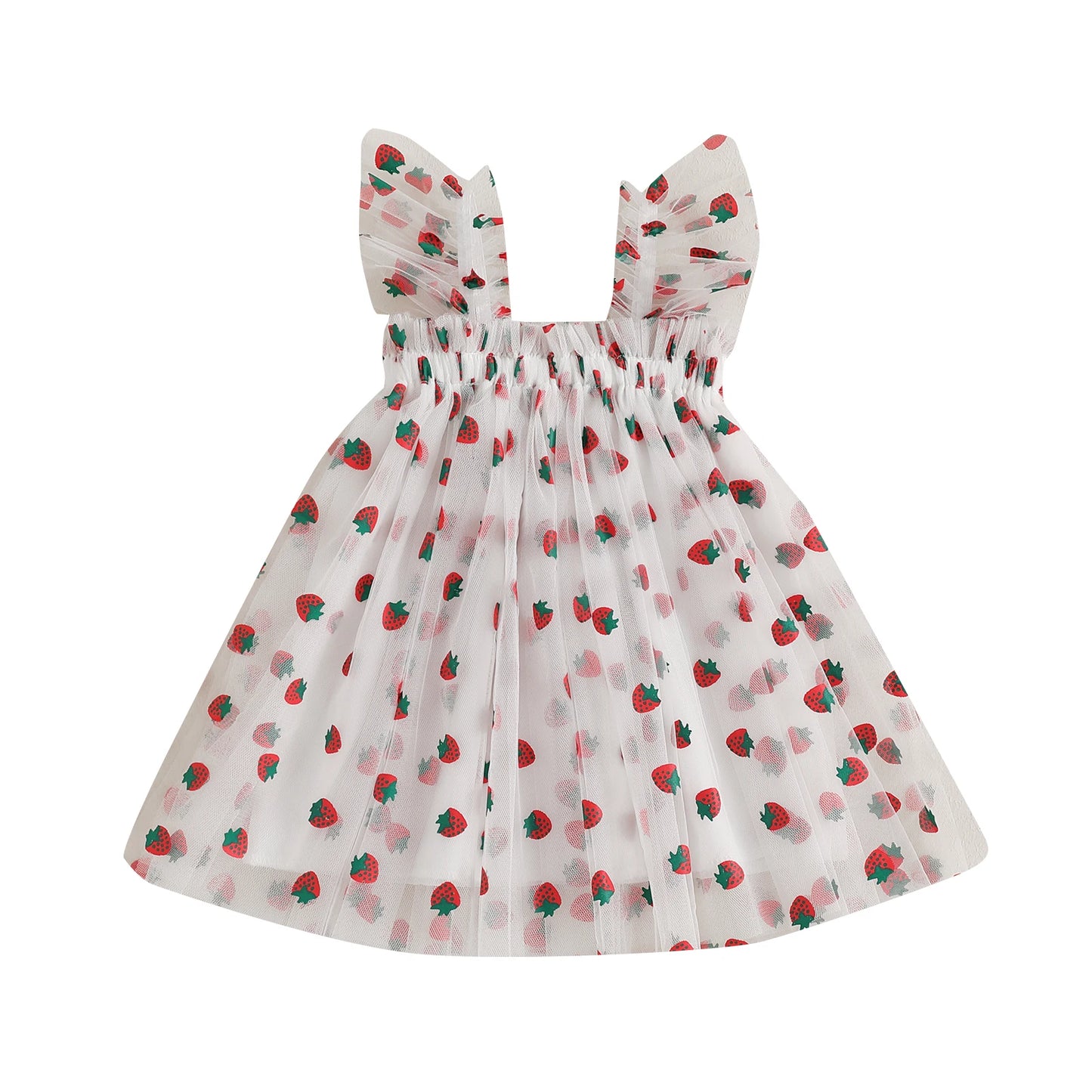 MISOWMNJOY Summer Baby Girls Chiffon Dresses Princess Sleeveless Clover Strawberry Print A-line Dress Mesh Tulle Kids Sundress