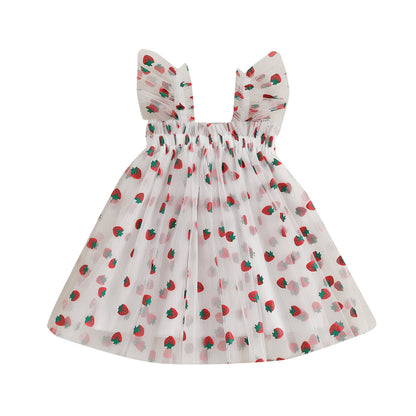 MISOWMNJOY Summer Baby Girls Chiffon Dresses Princess Sleeveless Clover Strawberry Print A-line Dress Mesh Tulle Kids Sundress