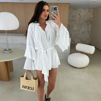 Elegant Fold Dress Women Brown Deep V-neck Long Sleeve Mini Dresses Female 2025 Spring Summer Fashion Loose Lady Vestidos