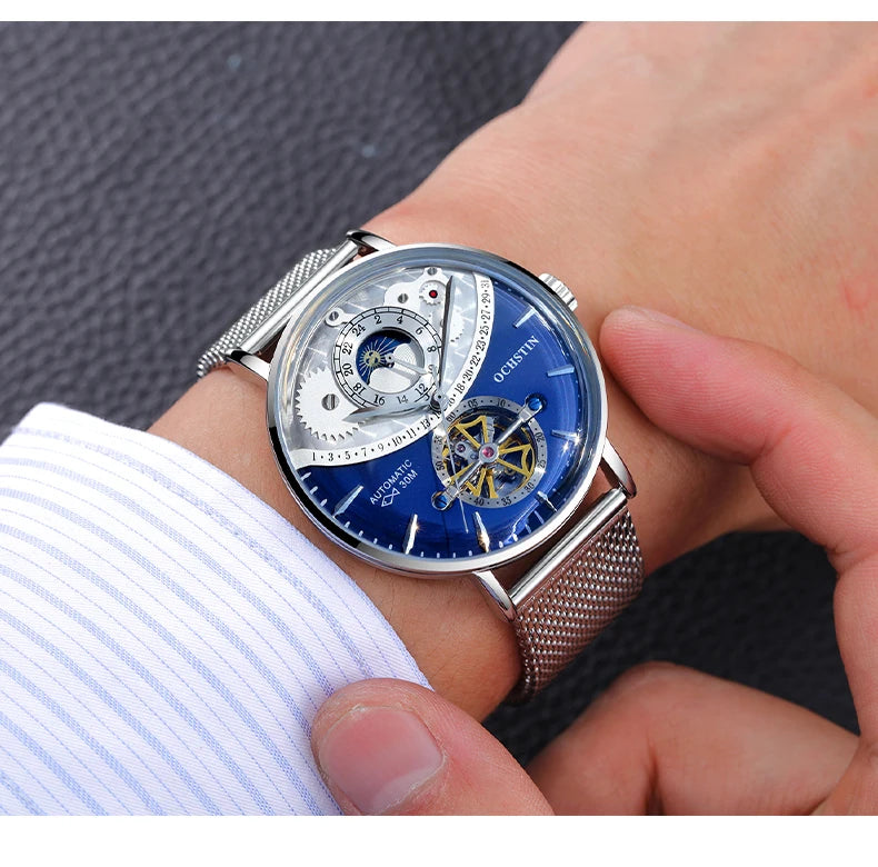 OCHSTIN Men's Stainless Steel Mesh Bracelet Watches Man High-Grade Cooktop Glass Skeleton Mechanical Flying Tourbillon Watch
