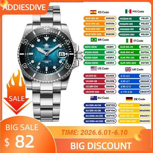 ADDIESDIVE 41MM Sunburst Automatic Mechanical Watches Japan 8215 AD2536 reloj hombre Luminous Sapphire Crystal Diver Men's Watch