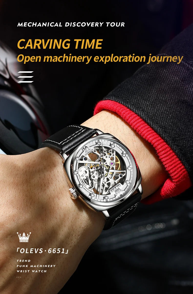 OLEVS 6651 Transparent Hollow Automatic Watches for Men Leather Strap Tonneau PUNK Style Mechanical Writwatch Luxury Man Watch