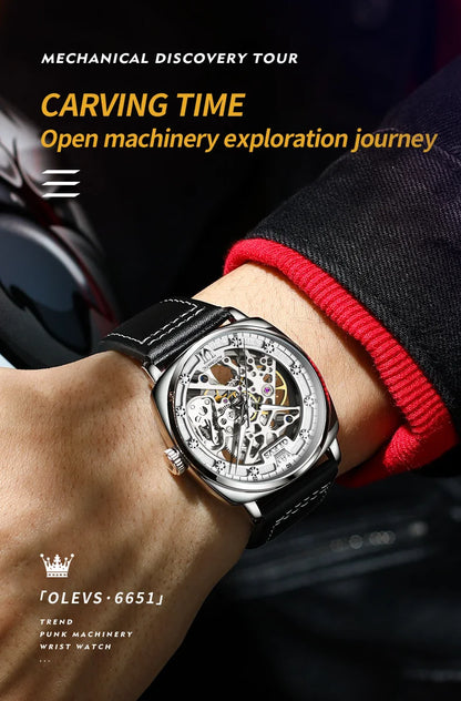 OLEVS 6651 Transparent Hollow Automatic Watches for Men Leather Strap Tonneau PUNK Style Mechanical Writwatch Luxury Man Watch