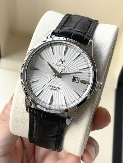 Top Brand Men's Watch Simple Business Waterproof Calendar Leather Strap Male Fashion Quartz Watches Gift: Box, Spare Battery