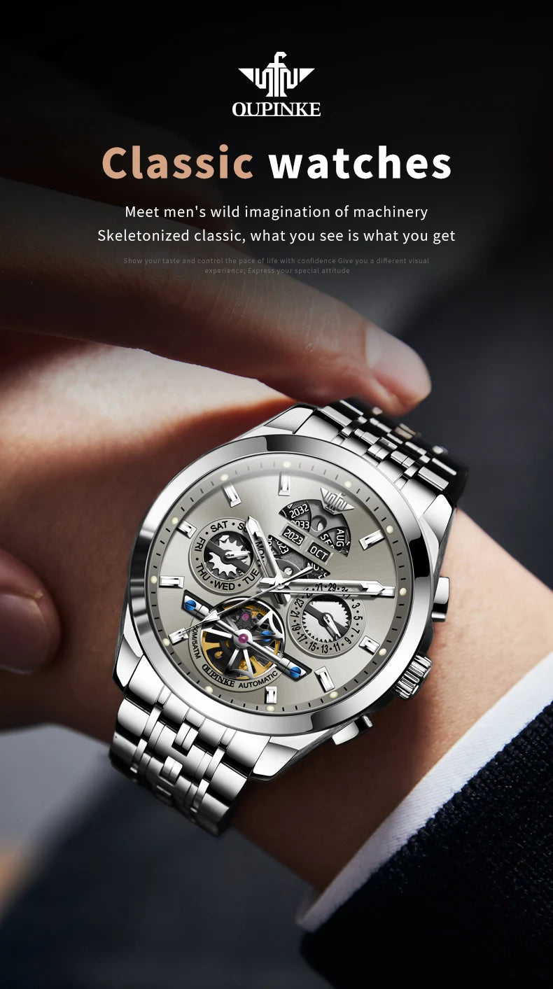 OUPINKE 3251 Men's Watches Flywheel Automatic Mechanical Original Wristwatch for Man Waterproof Luminous Perpetual Dual Calendar