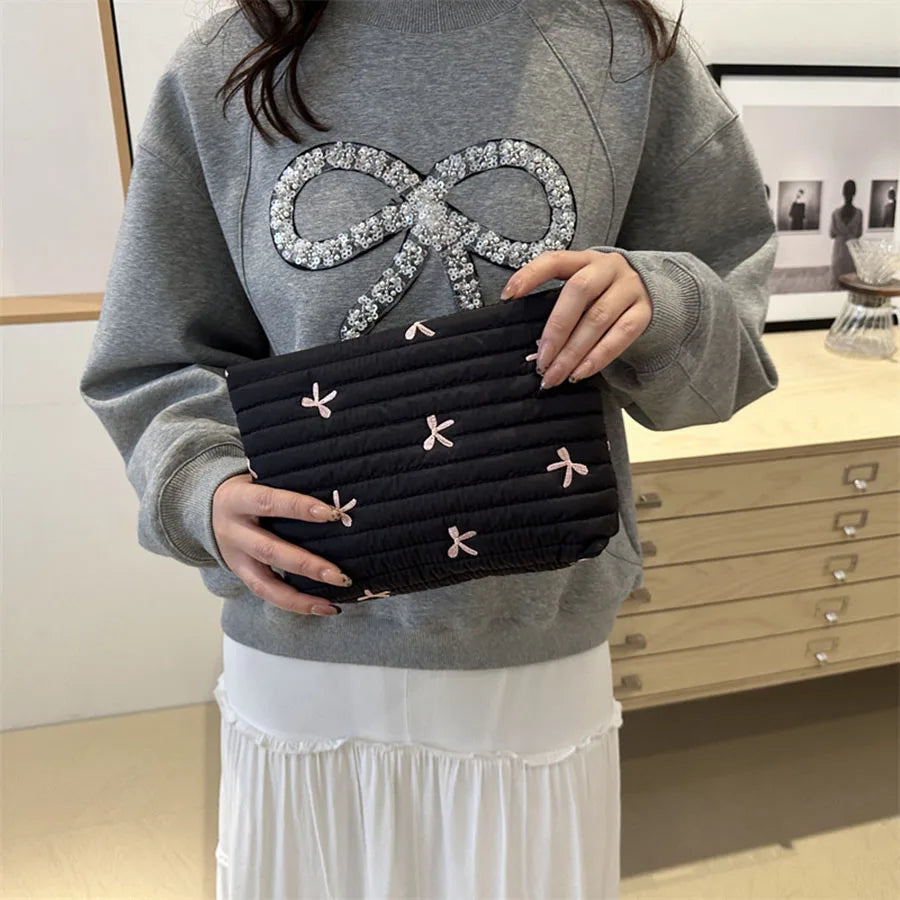 Cute Makeup Bag with Zipper Large Capacity Cosmetic Bag Embroidery Bow Wash Storage Bag