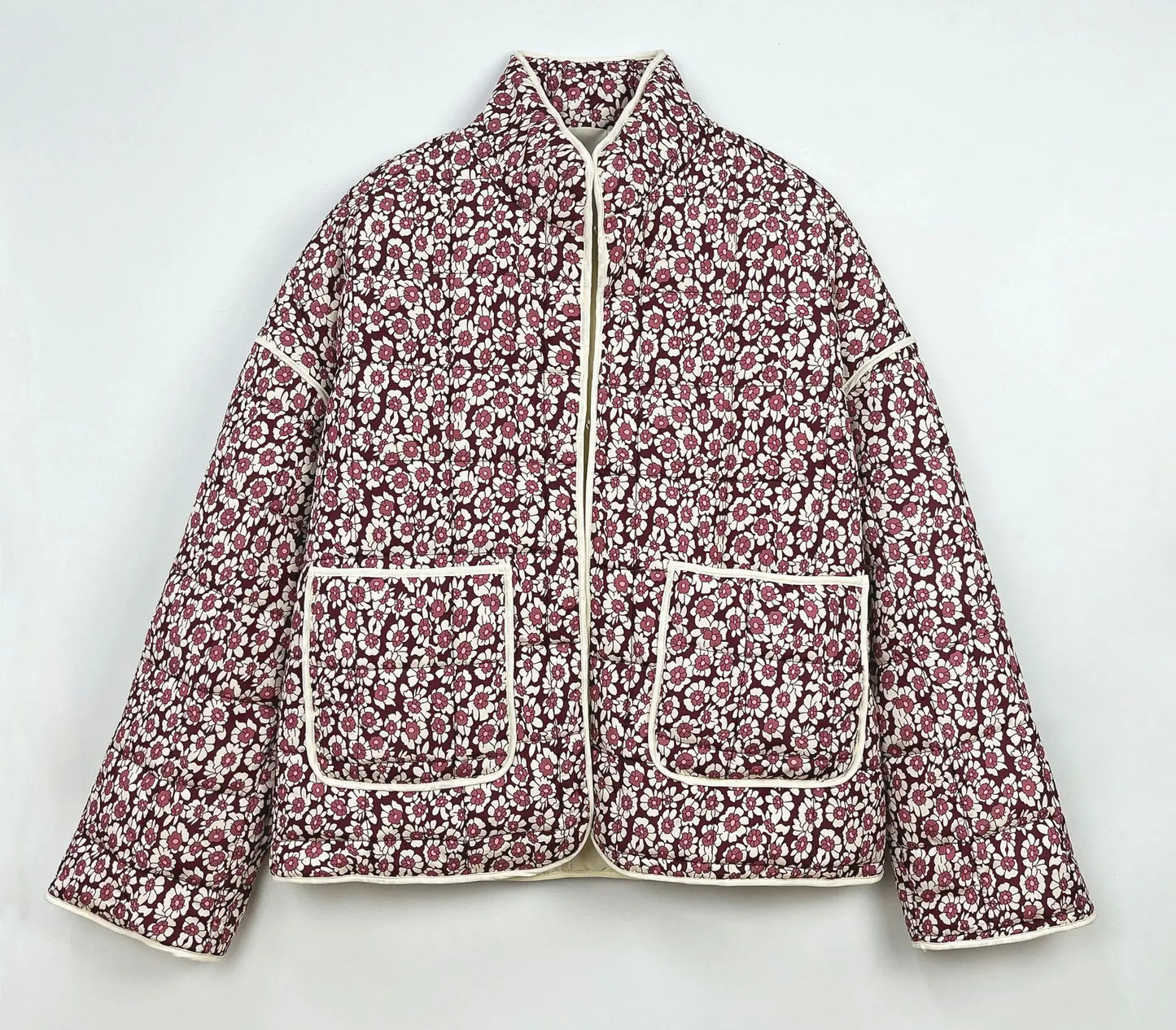 New Women's Floral/Gingham Print Lightweight Quilted Parkas Woman Long Sleeve Pockets Vintage Winter Jacket Coat Streetwear Tops