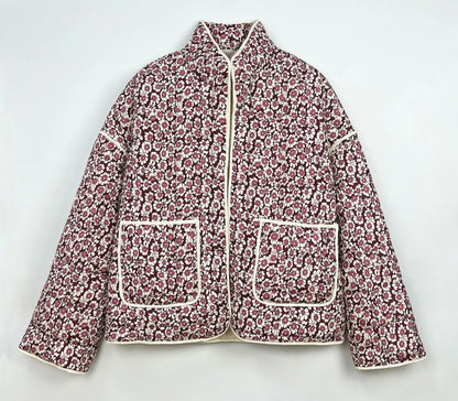 New Women's Floral/Gingham Print Lightweight Quilted Parkas Woman Long Sleeve Pockets Vintage Winter Jacket Coat Streetwear Tops