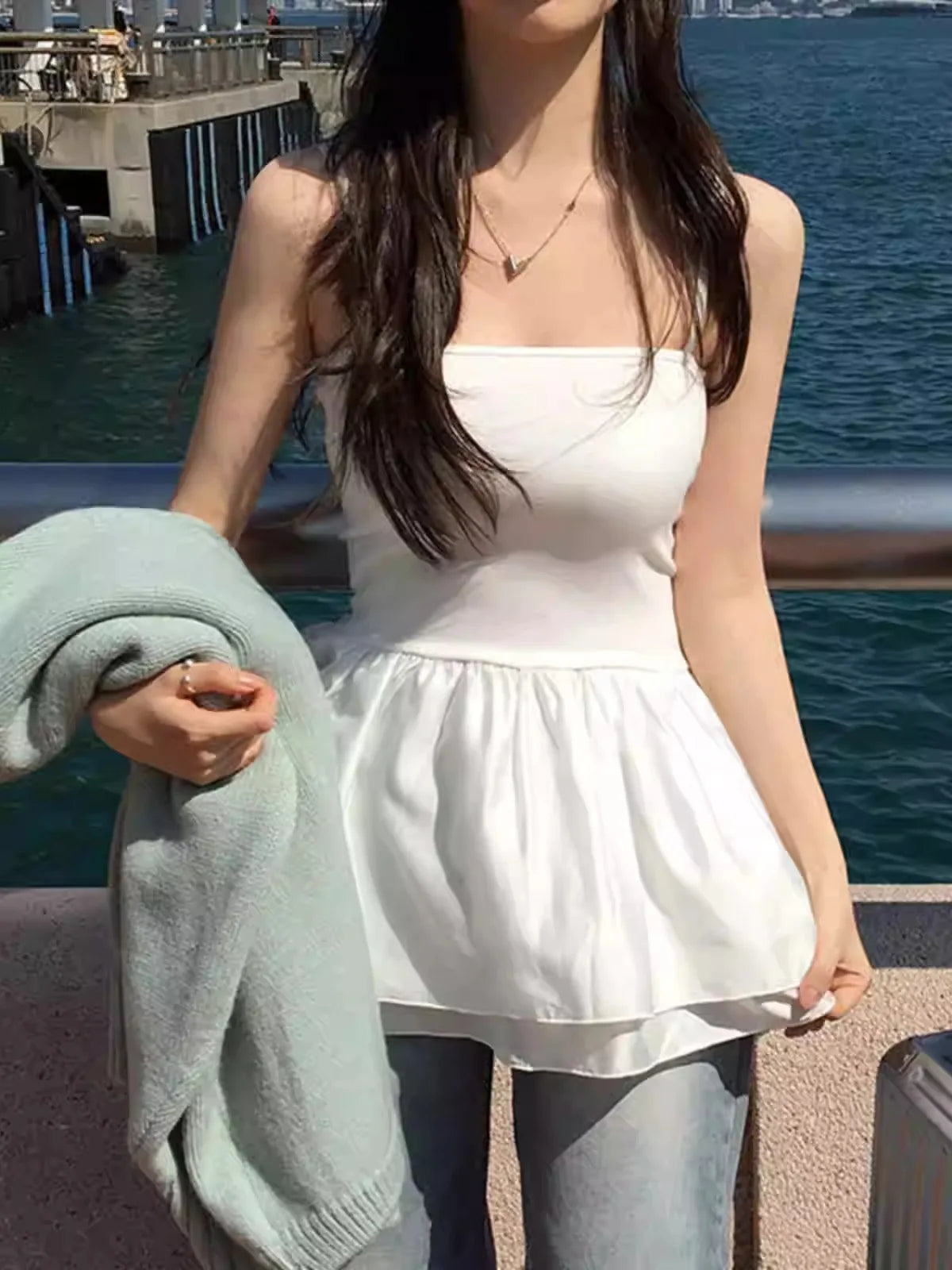 2000s Y2k Harajuku Sleeveless Tank Top Street Simple Sweet Personality Double-layer Skirt Splicing Slimming Strapless Vest Top