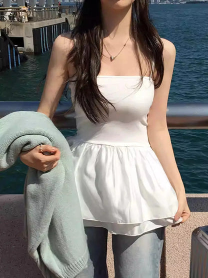 2000s Y2k Harajuku Sleeveless Tank Top Street Simple Sweet Personality Double-layer Skirt Splicing Slimming Strapless Vest Top