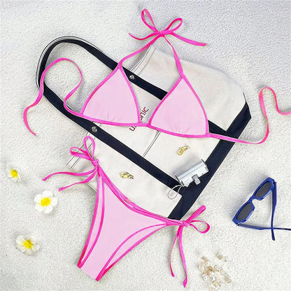Vintage Blue Bikinis Set Triangle Border String Swimsuit Push Up Swimwear Backless Extrem Bikini Women Beach Outfit Bathing Suit