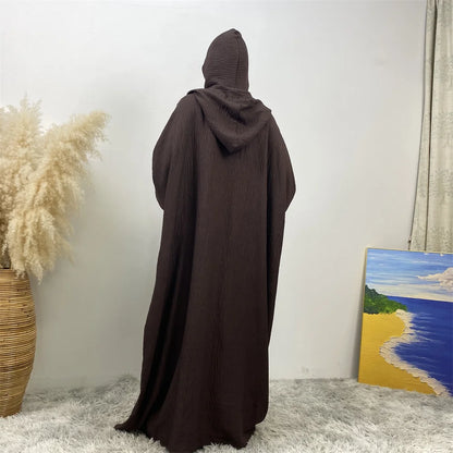 Hot Seller Ramadan Islamic Clothing Wrinkle Polyester Hoodie Abaya Dress With Undercap Muslim Women Abaya Hoodie Causal Dresses