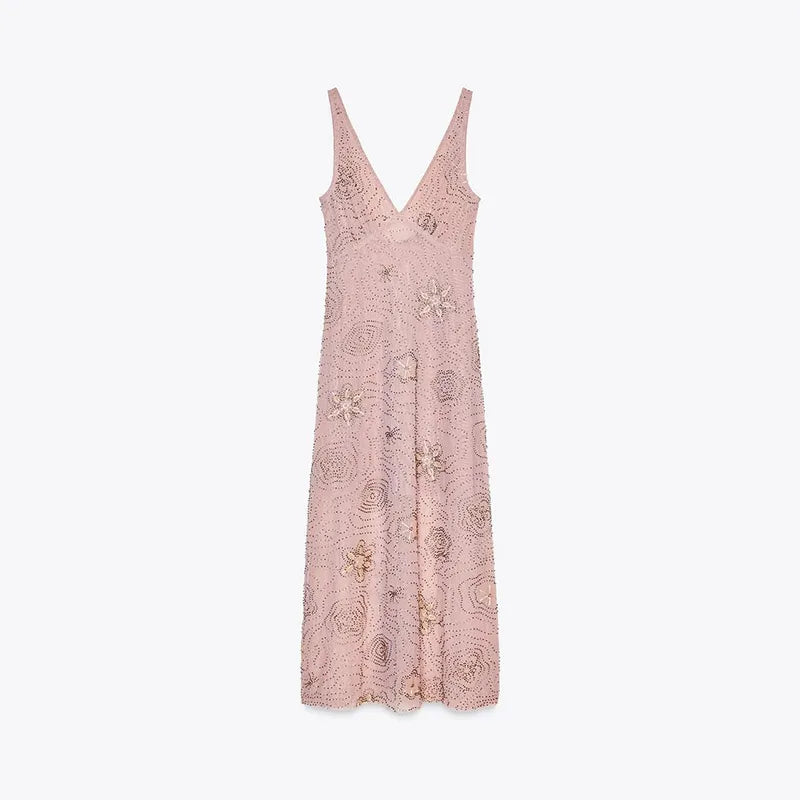 Sexy Sequin Women's Beads Sling Dress Fashion V-Neck High Waist Slim Fit Lady's Dresses Summer Beach Holiday Party Robes