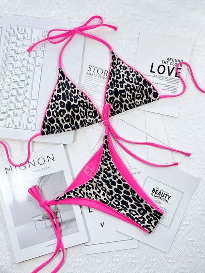 Sexy Leopard Micro Bikini 2025 Women Swimsuit Female Swimwear Thong Bikinis Set Brazilian Halter Beach Wear Lace Up Bathing Suit