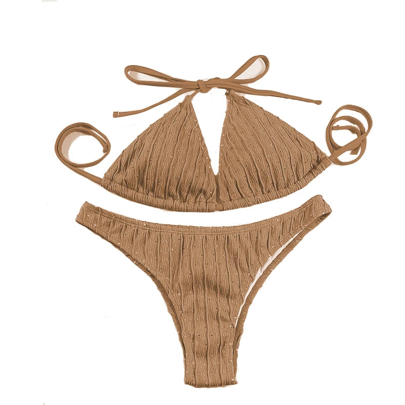 Sexy 2025 Jacquard Drawstring Two Piece Swimsuit Female Swimwear Women Bikini Set Bather Swimming Beachwear for Bathing Suit