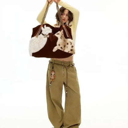 Women Bags New Fashion Vintage PU “Velvet Cat Dialogue” High-Capacity Shoulder Bag Handbag