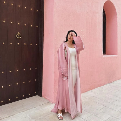 Eid Silky Abayas for Women Muslim Jalabiya Ramadan Robe Dress Button Sleeve Ramadan Caftan Party Dresses Vestido Largo Cardigan