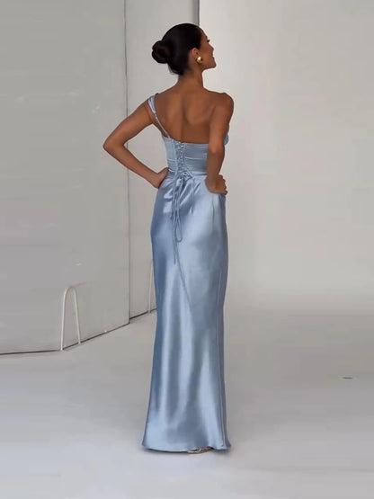 One Shoulder Satin Women 's Maxi Dress Cowl Neck Ruched Waist Bodycon Dresses 2026 Summer Woman Formal Evening Party Vestidos