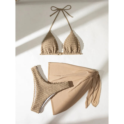 Sexy With Sarong Wrinkled Halter Bikini Female Swimsuit Women Swimwear Three-pieces Bikini set Bather Bathing Suit Swim K5237