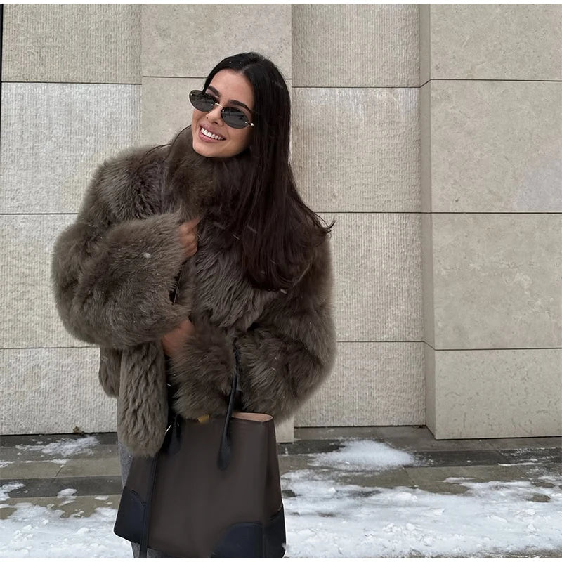 Brown Medium-length Fur Coat Women Lapel Hidden Button Loose  Elegant Outerwear 2025 Fashion Office Lady Commute Overcoat New