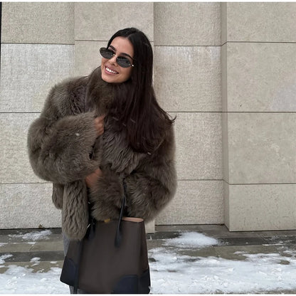 Brown Medium-length Fur Coat Women Lapel Hidden Button Loose  Elegant Outerwear 2025 Fashion Office Lady Commute Overcoat New